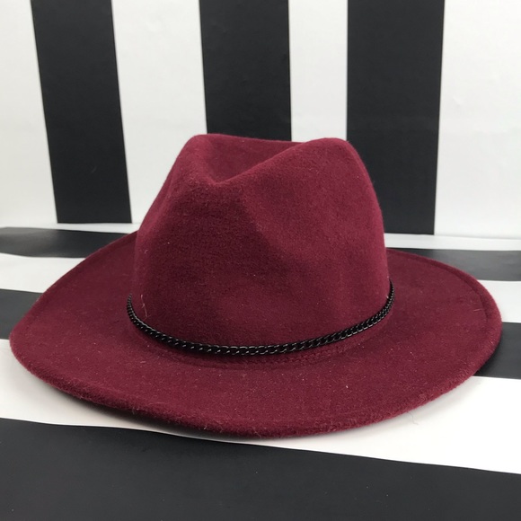 LF Accessories - LF Maroon Wool Chain Wide Brim Fedora Hat